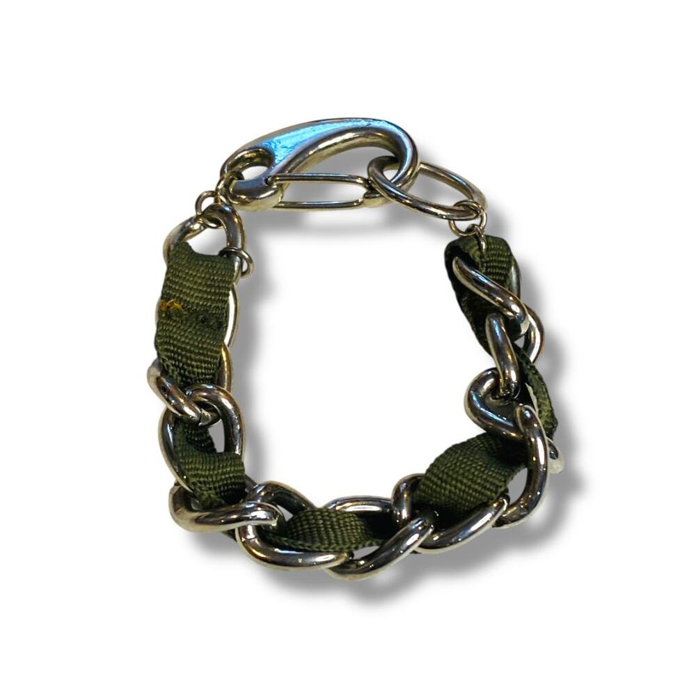 Harajuku Lovers Silvertone Dark Green Ribbon Bracelet Chunky 8"